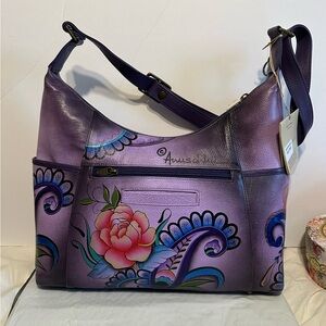 NWT Anuschka Hand Painted Leather Shoulder‎ Crossbody Bag Purple Pink Floral